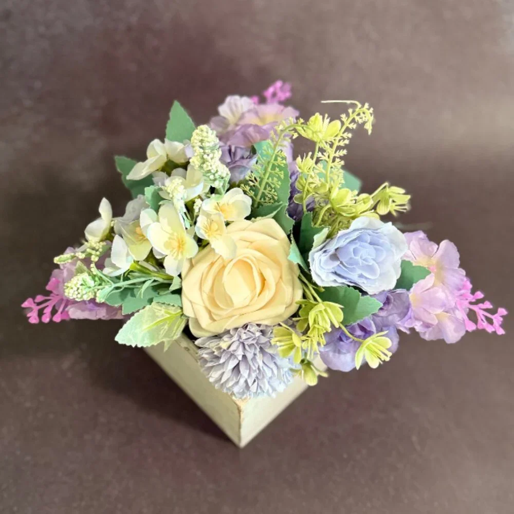 Faux Floral Arrangement in Rustic Wooden Box – Home or Office Decor
